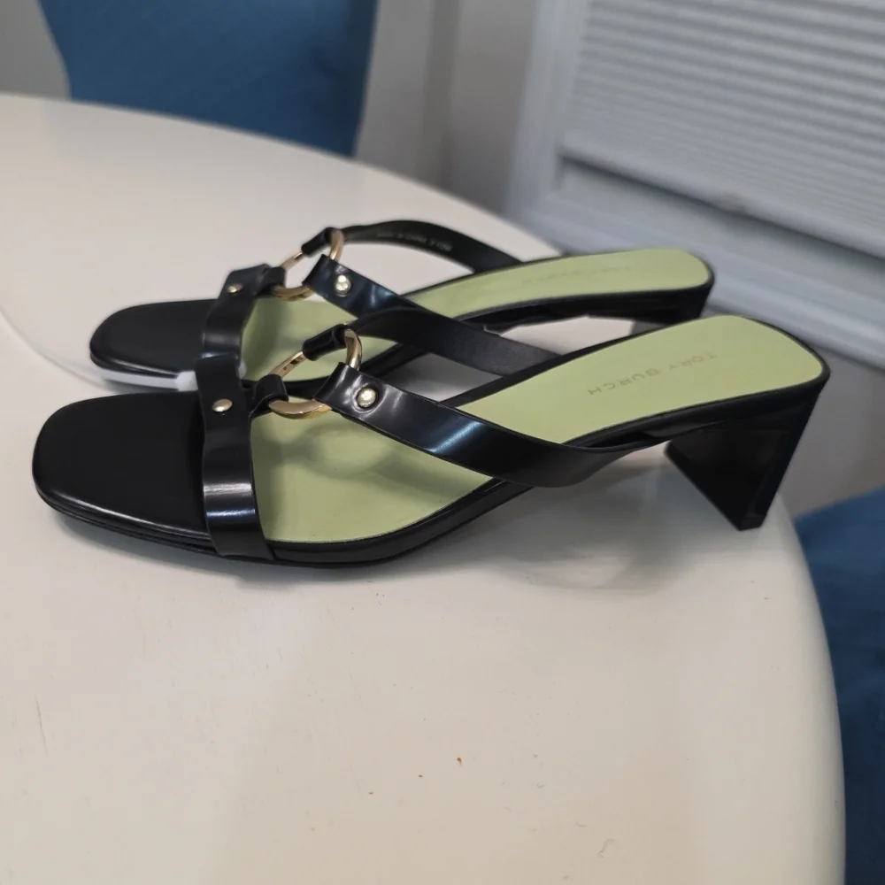 Tory Burch Ring Heel Sandal Leather Block Heel Black Mint Size 5.5